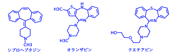 シプロヘプタジン、オランザピン、クエチアピンの構造式比較